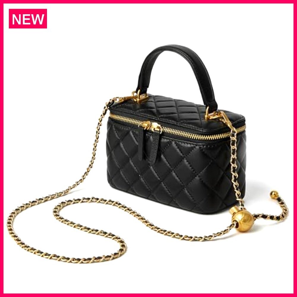 Small Quilted Leather Crossbody Bag with Chain Strap Mini Top Handle Pouch - Picture 2 of 8